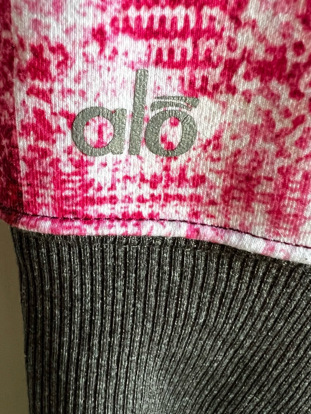 ALO Yoga Pink Tie-Dye Leggings with Charcoal Ribbed Cuffs